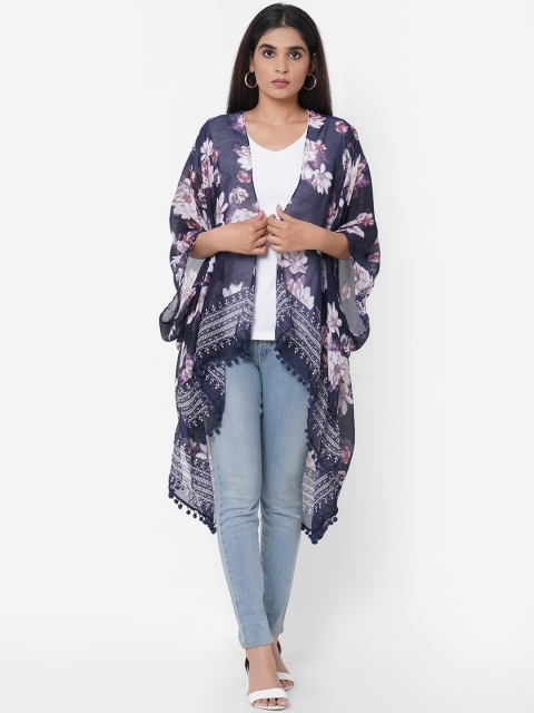 

Get Wrapped Women Navy Blue Floral Printed Kimono with Fancy Pom Pom
