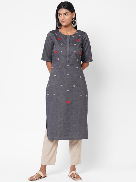 

Os Women Grey Embroidered Straight Kurta
