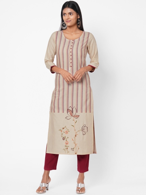 

Os Women Beige & Pink Striped Kurta
