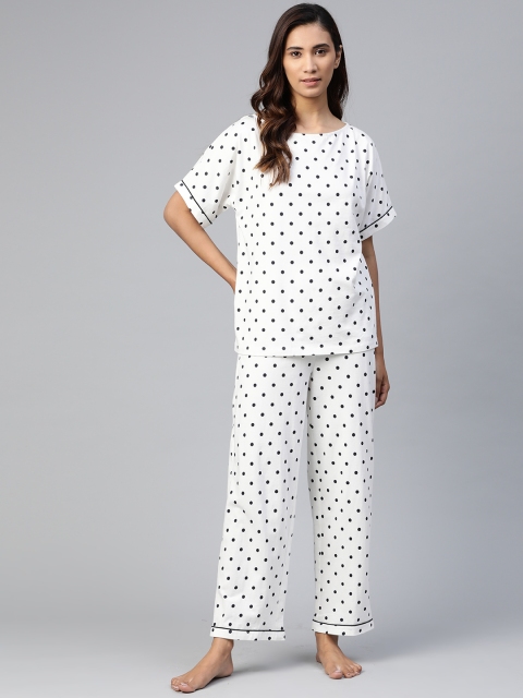 

Femella Women White & Black Polka Dots Print Nightsuit