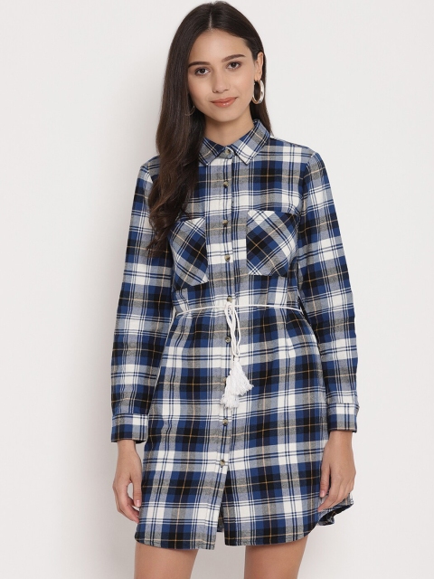 

FOSH Women Blue & White Checked Denim Shirt Dress