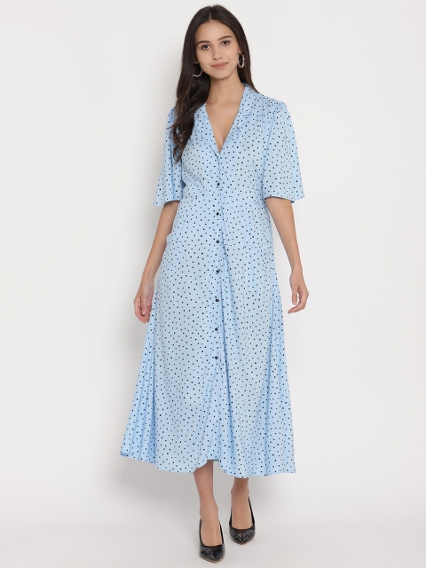 

FOSH Women Blue & Black Polka Dots Print Fit & Flare Dress