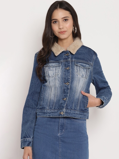 

FOSH Women Blue Solid Denim Jacket