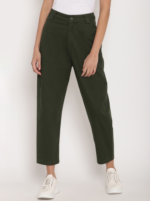 

FOSH Women Olive Green Solid Cotton Cropped Regular Trousers