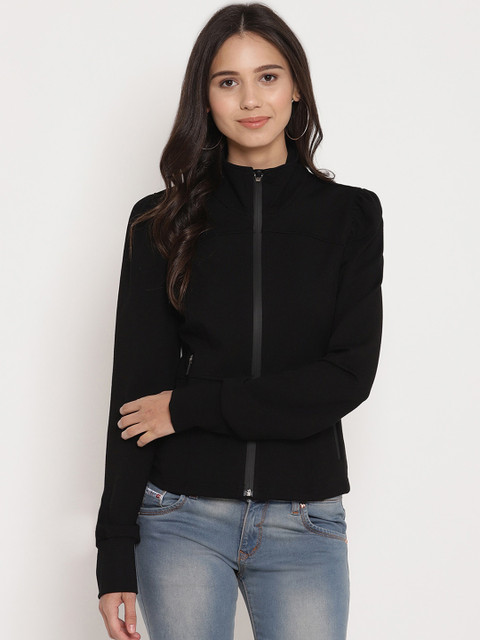 

FOSH Women Black Solid Biker Jacket