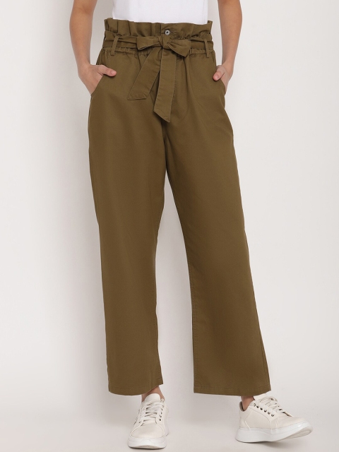 

FOSH Women Khaki Regular Fit Solid Parallel Trousers