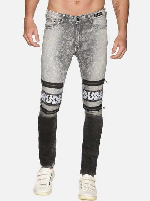 

KULTPRIT Men Grey Skinny Fit Knee Zipper with Print Spray Wash Jeans