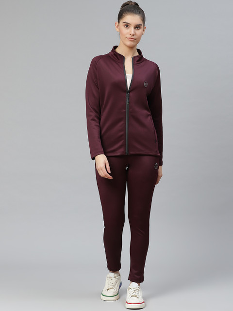 

Chkokko Women Burgundy Solid Training Tracksuit