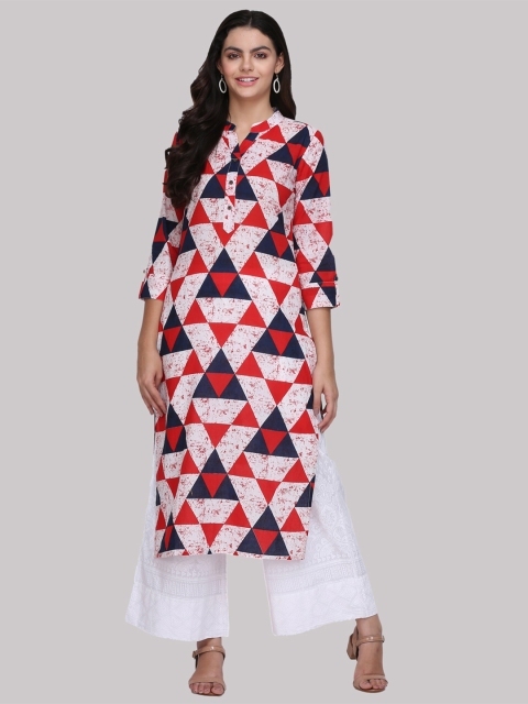 

KSUT Women White & Blue Printed Straight Kurta