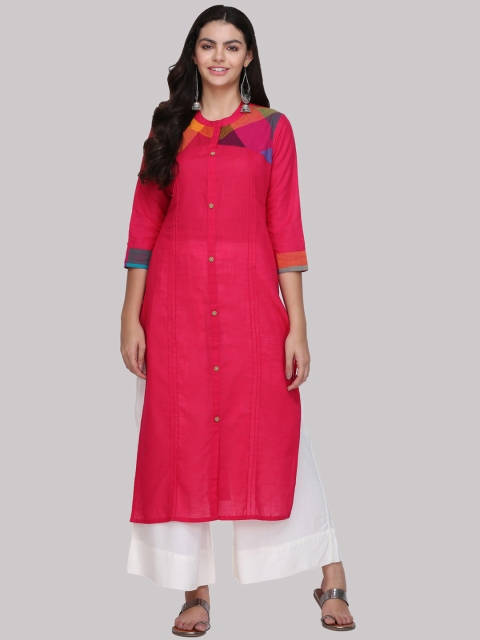 

KSUT Women Fuchsia & White Woven Design Straight Kurta