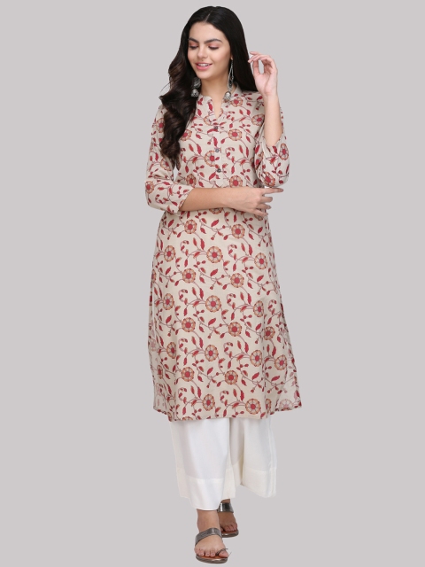 

KSUT Women Beige & Coral Printed Straight Kurta