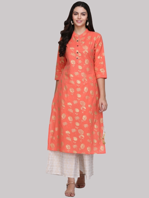 

KSUT Women Coral & Gold-Toned Printed Straight Kurta