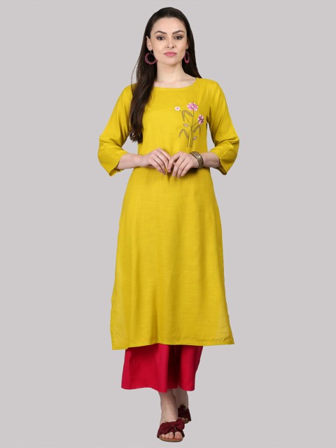 

KSUT Women Lime Green & Red Solid Straight Kurta