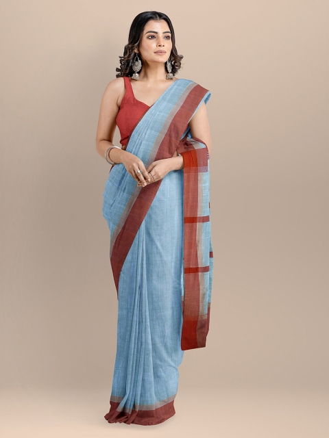 

BharatSthali Blue Pure Cotton Solid Maheshwari Saree