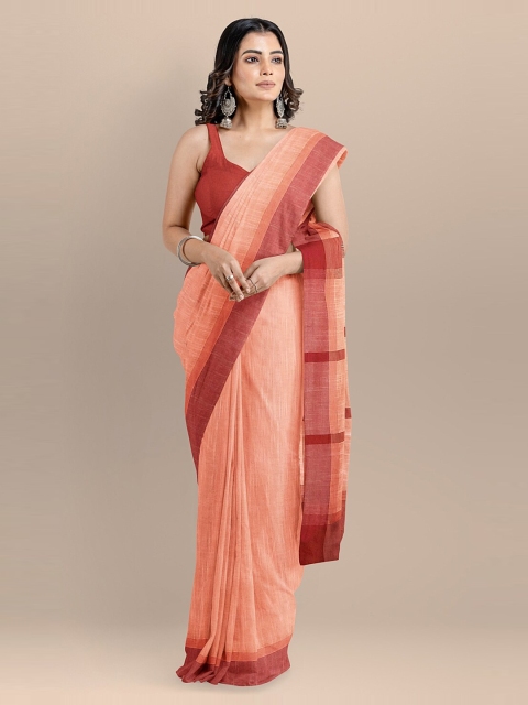 

BharatSthali Peach-Coloured Pure Cotton Solid Handloom Maheshwari Saree