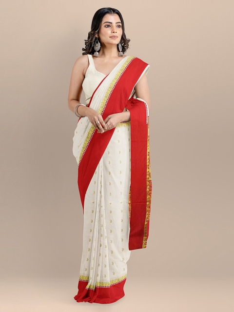 

BharatSthali Off-White & Red Silk Cotton Woven Design Banarasi Saree