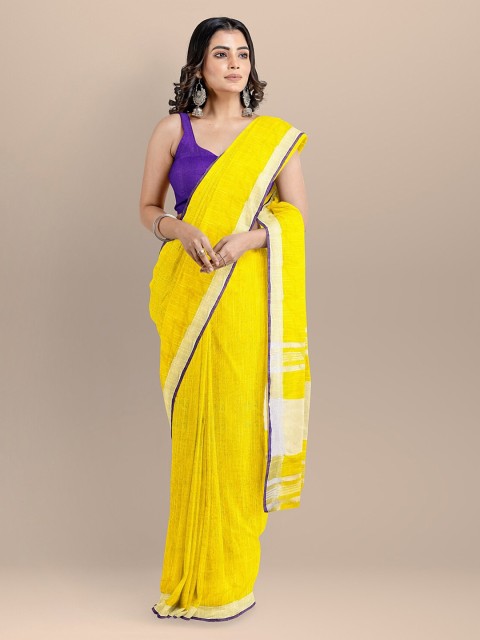 

BharatSthali Yellow Pure Cotton Solid Maheshwari Saree
