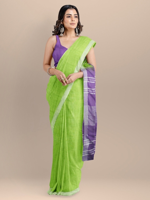 

BharatSthali Fluorescent Green & Purple Pure Cotton Colourblocked Mangalagiri Saree