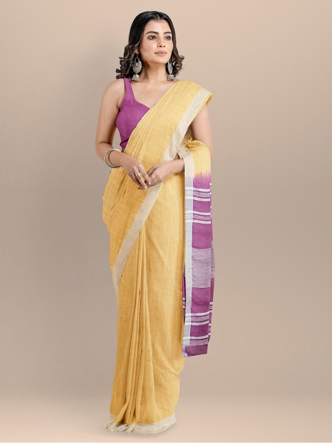 

BharatSthali Yellow Pure Cotton Solid Mangalagiri Saree