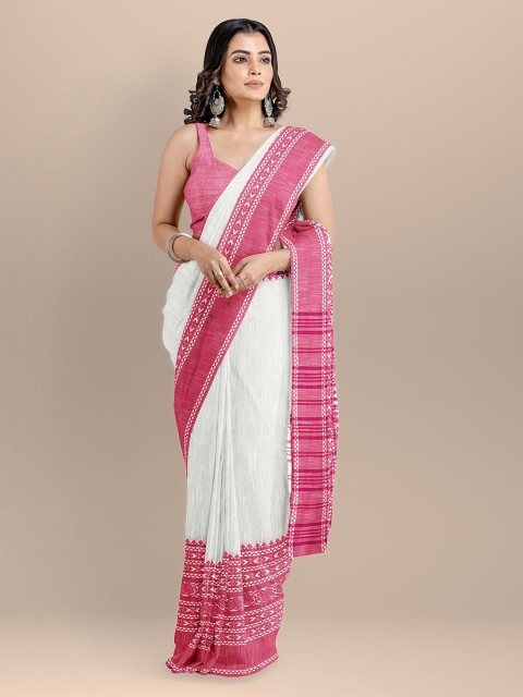 

BharatSthali White & Pink Pure Cotton Colourblocked Sambalpuri Saree