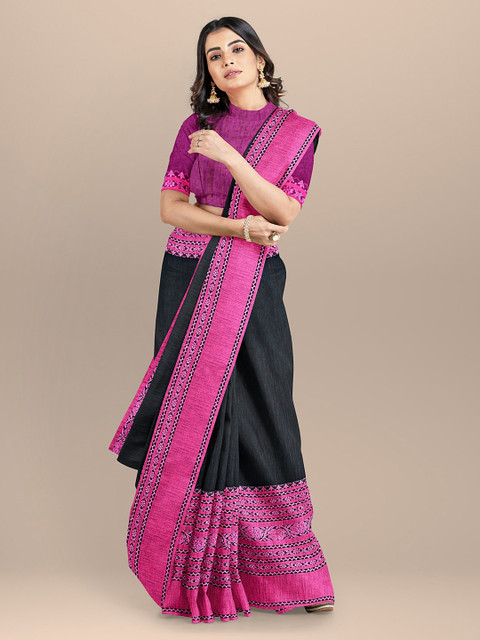 

BharatSthali Black & Pink Pure Cotton Colourblocked Sambalpuri Saree