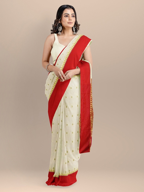 

BharatSthali Off-White & Red Silk Cotton Printed Banarasi Saree
