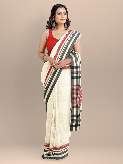 

BharatSthali Cream-Coloured Pure Cotton Solid Maheshwari Saree