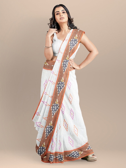 

BharatSthali White Color Pure Cotton Woven Design Embroidered Taant Handloom Saree