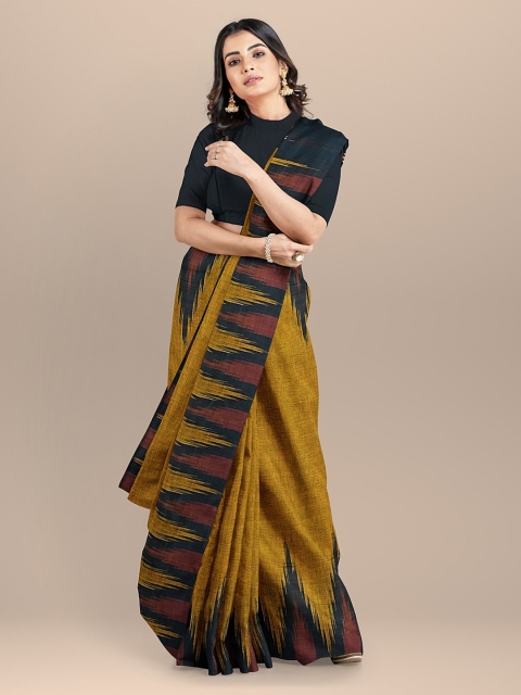 

BharatSthali Mustard & Black Pure Cotton Striped Sambalpuri Saree