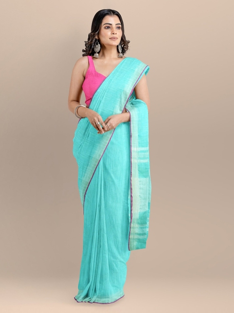 

BharatSthali Blue Pure Cotton Solid Maheshwari Saree