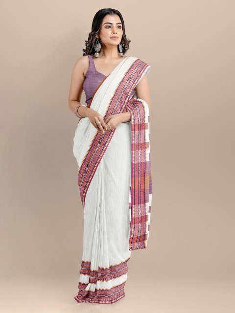

BharatSthali White Pure Cotton Solid Sambalpuri Saree