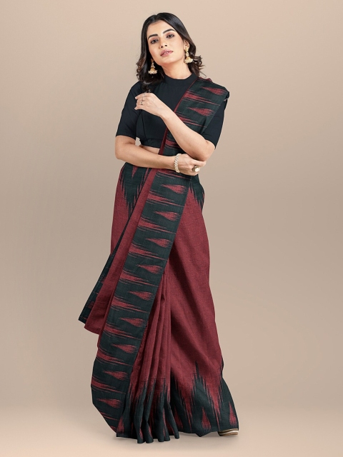 

BharatSthali Maroon & Black Pure Cotton Striped Sambalpuri Saree