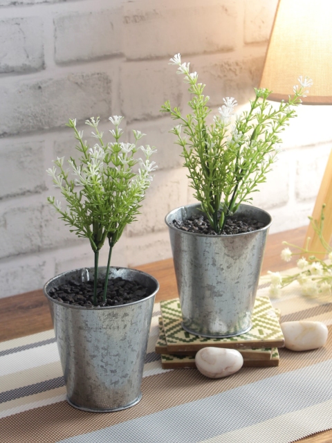 

NATURES HOME Set of 2 Green & White Grass Bunch in Tin Pot