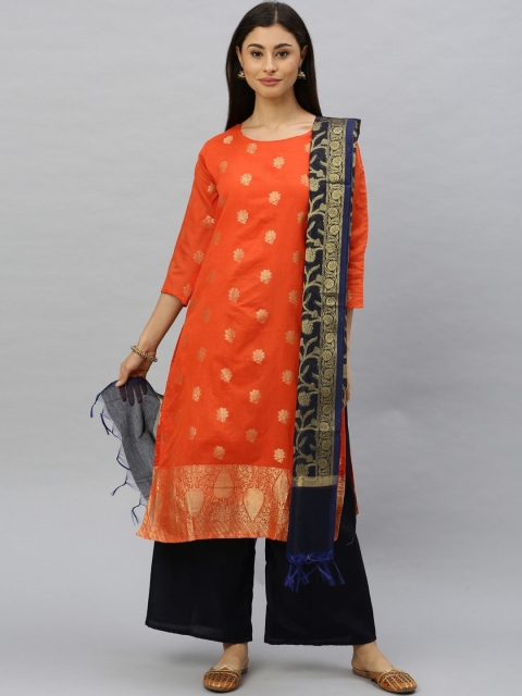 

Ishin Orange & Blue Cotton Blend Unstitched Dress Material