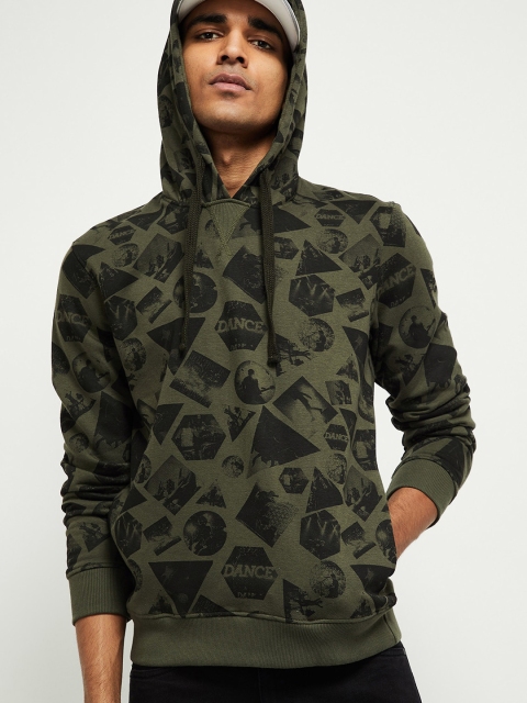 

max Men Olive Green Printed Hooded Sweatshirt