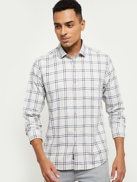 

max Men Grey Slim Fit Checked Cotton Casual Shirt