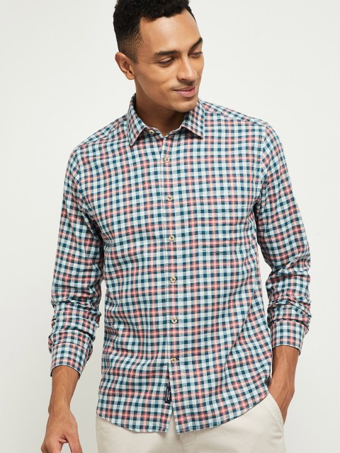 

max Men Blue & Rust Red Slim Fit Checked Casual Shirt