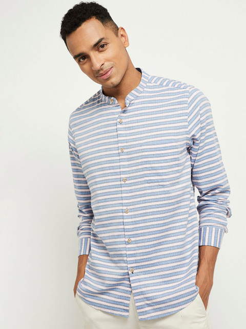 

max Men Blue & White Regular Fit Striped Cotton Casual Shirt