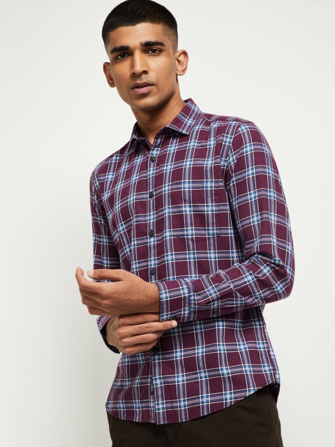 

max Men Purple & Blue Slim Fit Checked Cotton Casual Shirt