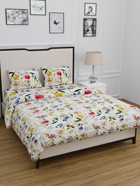 

BOMBAY DYEING White & Blue Floral Print Double Queen Bedding Set