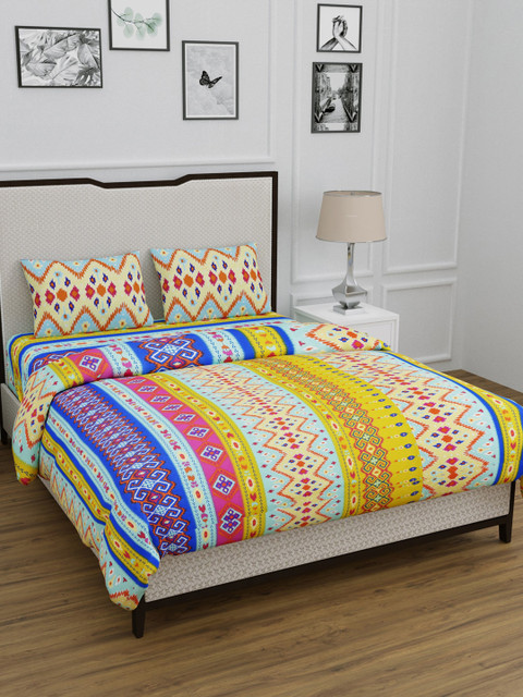 

BOMBAY DYEING Multicoloured Printed Queen Duvet Cover 1 Bedsheet with 2 Pillow Covers, Blue