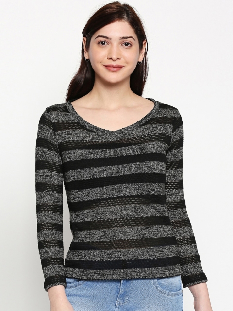 

inocenCia Women Black Striped V-Neck T-shirt