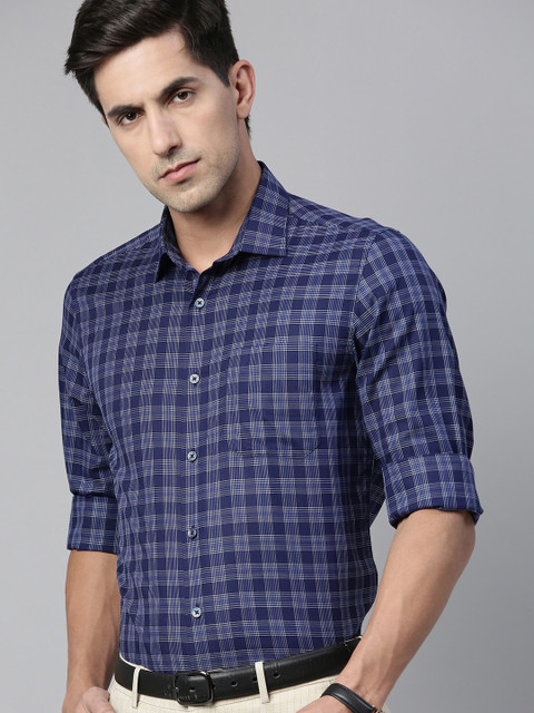 

Louis Philippe Men Navy Blue & White Slim Fit Checked Pure Cotton Formal Shirt