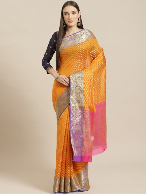 

Chhabra 555 Orange & Golden Woven Design Chanderi Handloom Saree