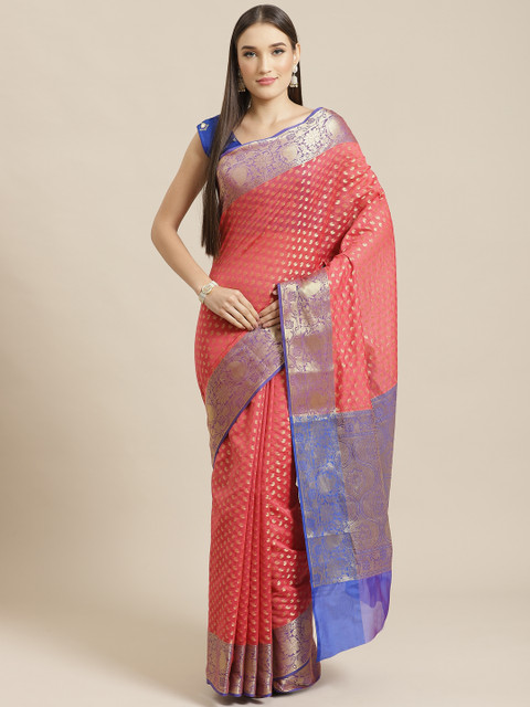

Chhabra 555 Pink & Golden Woven Design Chanderi Handloom Saree