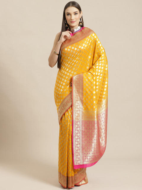 

Chhabra 555 Yellow & Pink Woven Design Banarasi Handloom Saree