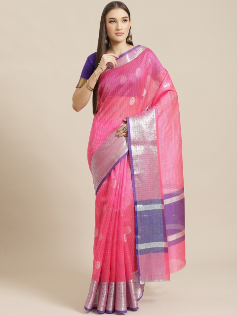

Chhabra 555 Pink & Silver Zari Woven Design Chanderi Saree