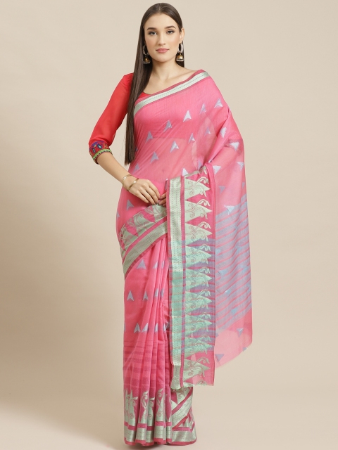 

Chhabra 555 Pink & Green Striped Chanderi Handloom Saree