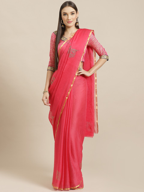 

Chhabra 555 Coral Pink & Golden Mukaish Embellished Saree