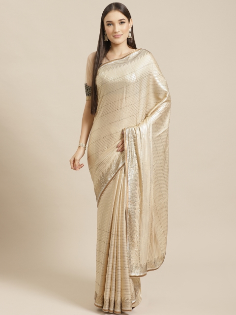

Chhabra 555 Golden Self-Striped Saree with Stone Work & Foil Print, Gold